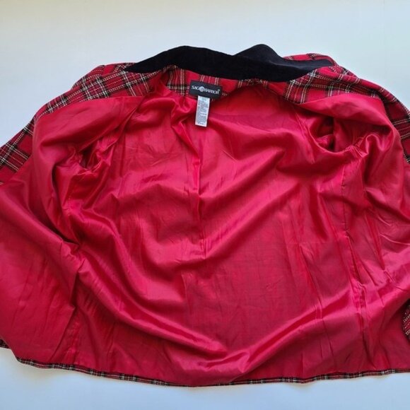 Vintage Red Plaid Blazer Tag sz 14 Velvet Collar Boyfriend 1 Button Christmas - Picture 9 of 9